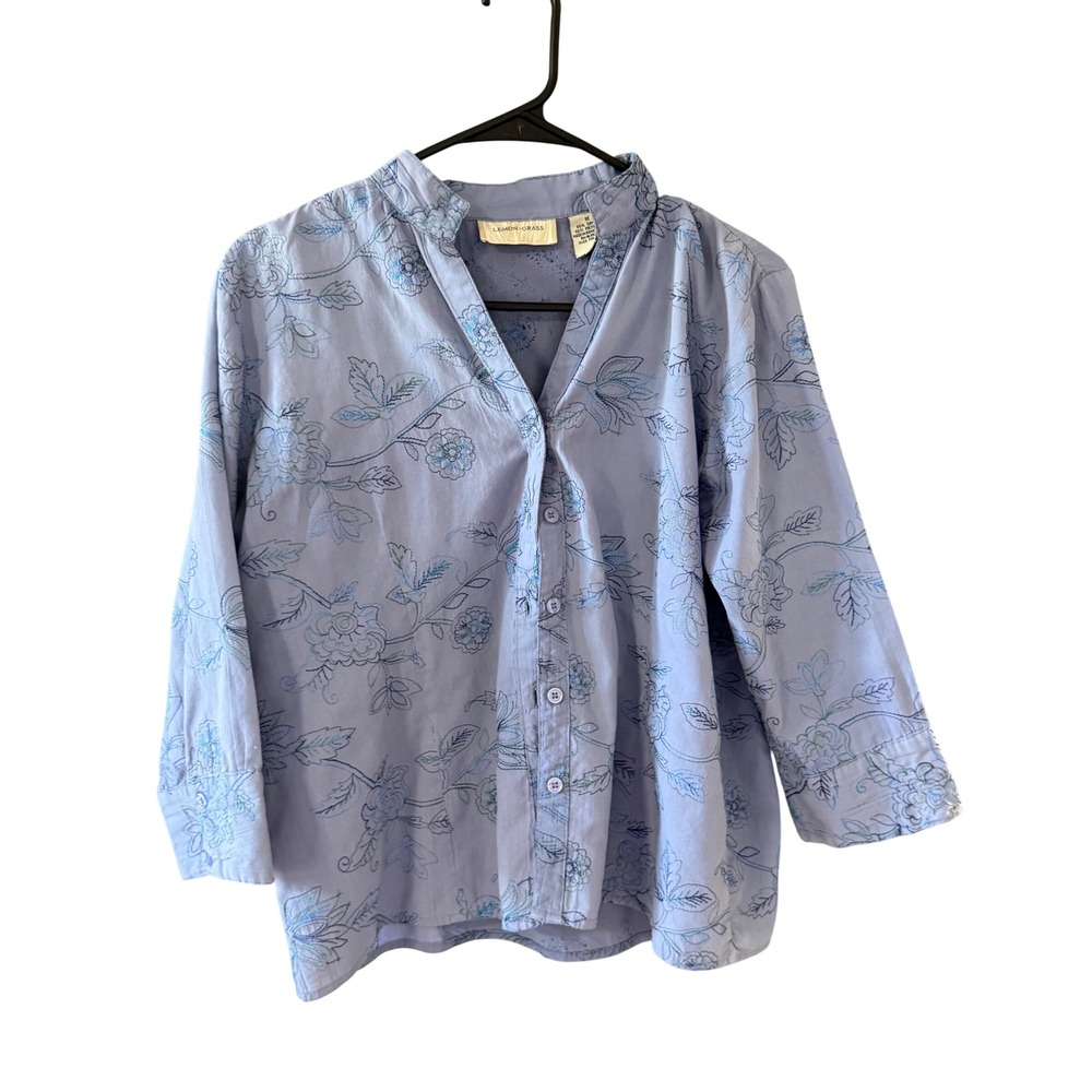 Lemon Grass Womens Blue Floral Embroidered Peasant Button Down Shirt Size M
